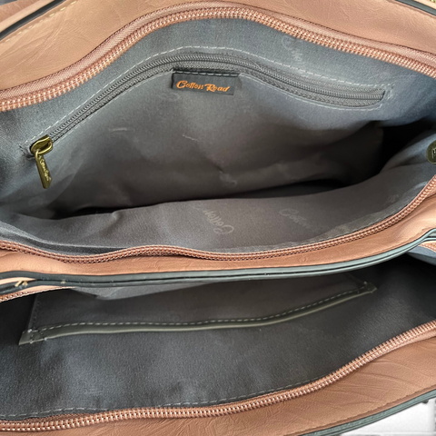 Cotton Road Handbag in pink PU leather with spacious dual zip compartments and dark organised interior pockets