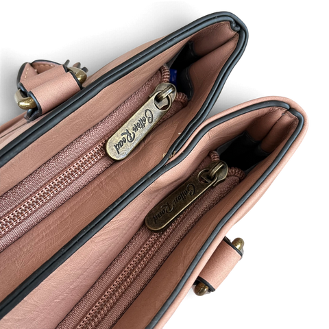 Cotton Road Handbag in dusty pink PU leather with two zip compartments and antique-look branded hardware