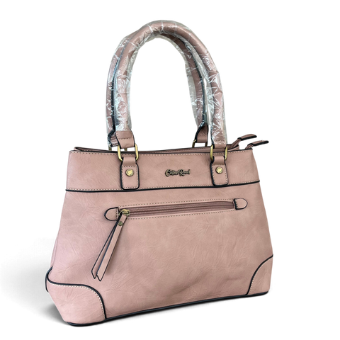 Cotton Road Handbag in dusty pink PU leather with textured finish, twin handles and front zip pocket