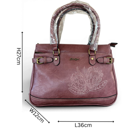 Cotton Road Handbag: Stylish PINK PU Leather Bag with EMBROIDERED PROTEA Design
