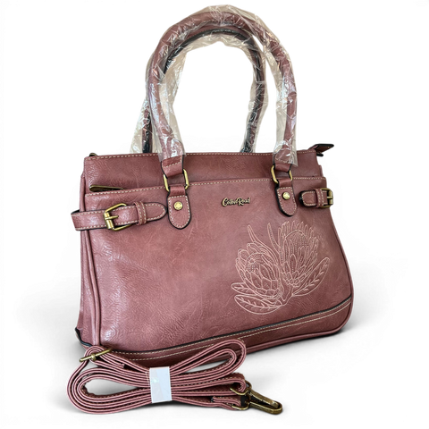 Cotton Road Handbag: Stylish PINK PU Leather Bag with EMBROIDERED PROTEA Design