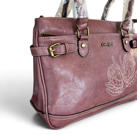 Cotton Road Handbag: Stylish PINK PU Leather Bag with EMBROIDERED PROTEA Design