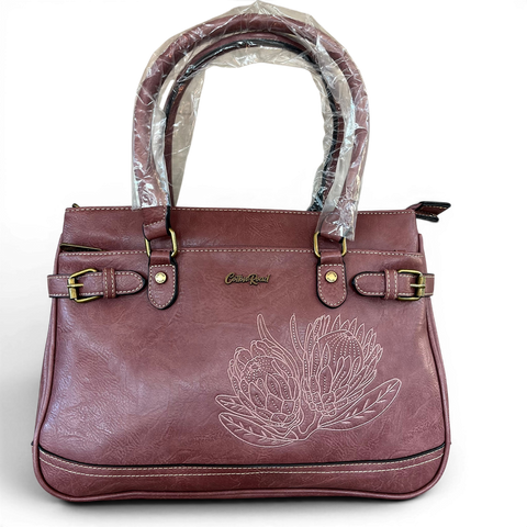 Cotton Road Handbag: Stylish PINK PU Leather Bag with EMBROIDERED PROTEA Design