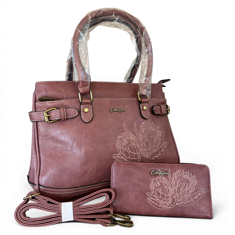 Cotton Road Handbag: Stylish PINK PU Leather with EMBROIDERED PROTEA Design and Matching Wallet