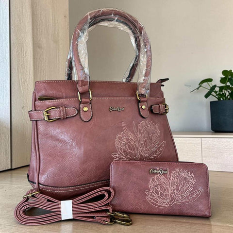 Cotton Road Handbag: Stylish PINK PU Leather with EMBROIDERED PROTEA Design and Matching Wallet