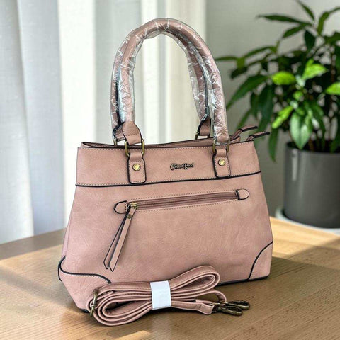 Cotton Road Handbag in dusty pink PU leather with top handles, contrast edging and front zip pocket