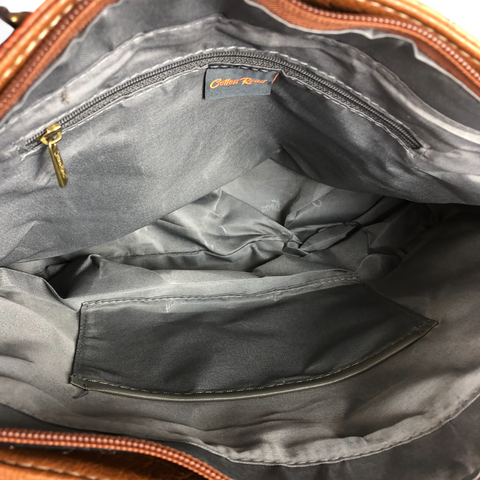 Cotton Road Handbag: TAN BROWN PU Leather Handbag with EMBOSSED FLOWERS