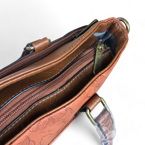 Cotton Road Handbag: TAN BROWN PU Leather Handbag with EMBOSSED FLOWERS