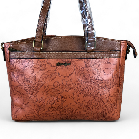 Cotton Road Handbag: TAN BROWN PU Leather Handbag with EMBOSSED FLOWERS