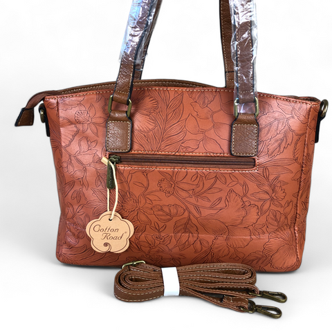 Cotton Road Handbag: TAN BROWN PU Leather Handbag with EMBOSSED FLOWERS