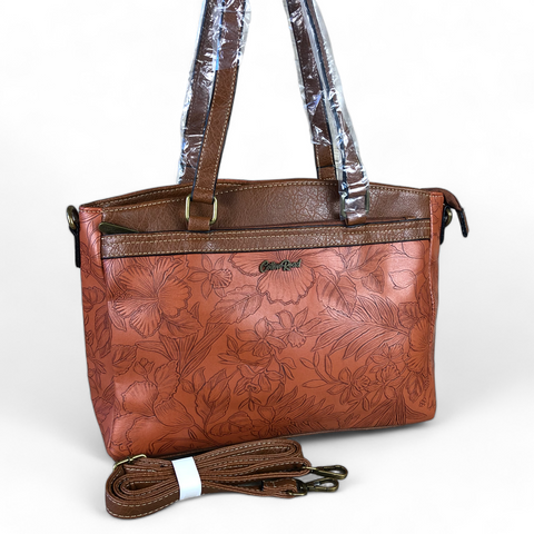 Cotton Road Handbag: TAN BROWN PU Leather Handbag with EMBOSSED FLOWERS