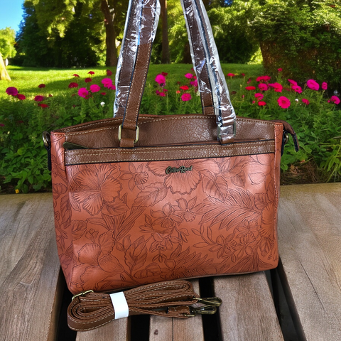 Cotton Road Handbag: TAN BROWN PU Leather Handbag with EMBOSSED FLOWERS