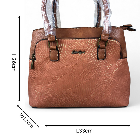 Cotton Road Handbag: TAN BROWN PU Leather Handbag with EMBOSSED Panel