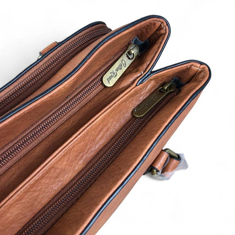 Cotton Road Handbag: TAN BROWN PU Leather Handbag with EMBOSSED Panel