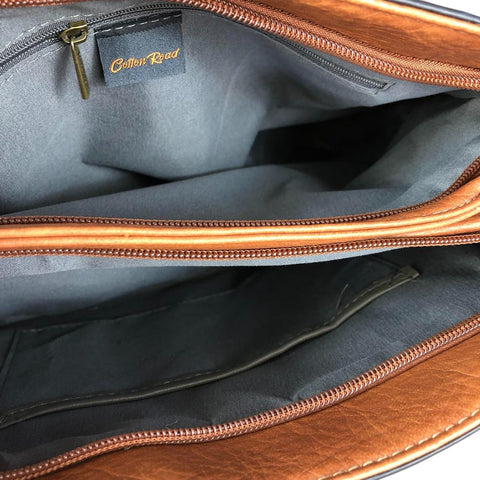 Cotton Road Handbag: TAN BROWN PU Leather Handbag with EMBOSSED Panel