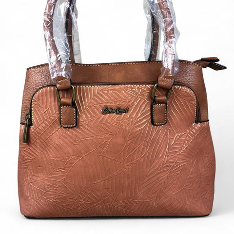 Cotton Road Handbag: TAN BROWN PU Leather Handbag with EMBOSSED Panel