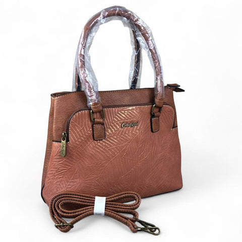 Cotton Road Handbag: TAN BROWN PU Leather Handbag with EMBOSSED Panel