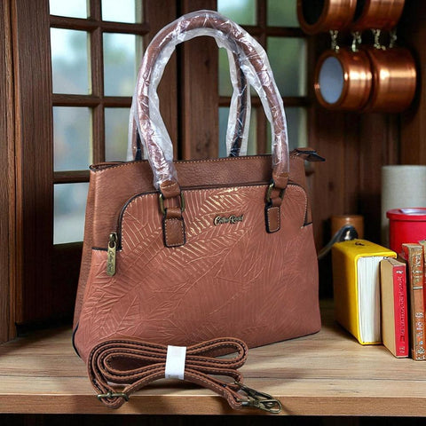 Cotton Road Handbag: TAN BROWN PU Leather Handbag with EMBOSSED Panel