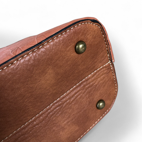 Cotton Road Handbag: TAN BROWN PU Leather Handbag with Printed Panel