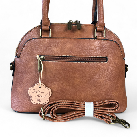Cotton Road Handbag: TAN BROWN PU Leather Handbag with Printed Panel