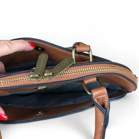 Cotton Road Handbag: TAN BROWN PU Leather with Printed Panel and Matching Wallet