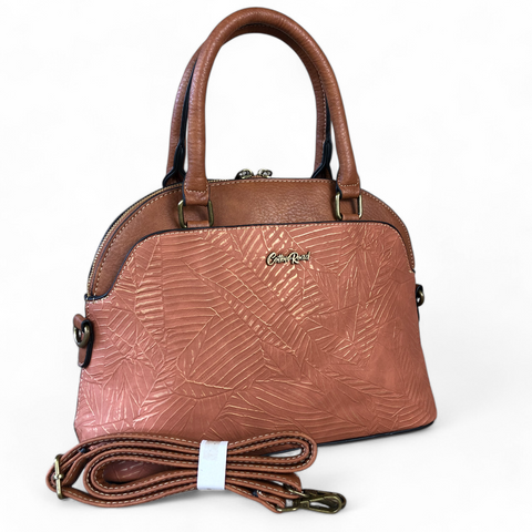 Cotton Road Handbag: TAN BROWN PU Leather with Printed Panel and Matching Wallet