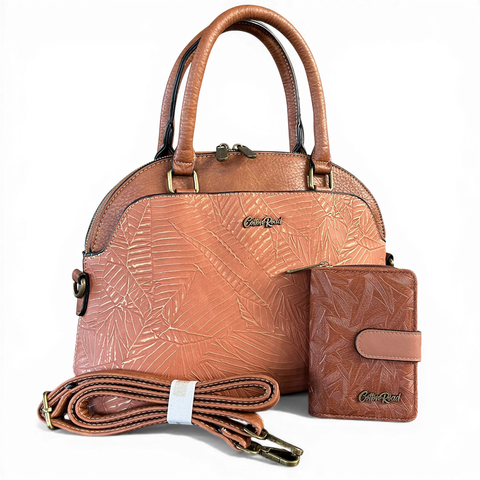 Cotton Road Handbag: TAN BROWN PU Leather with Printed Panel and Matching Wallet