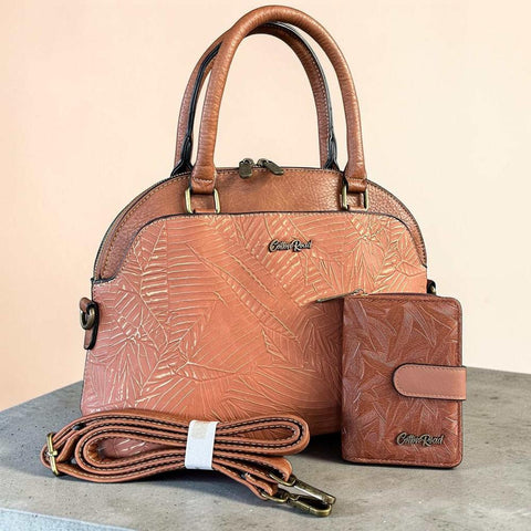 Cotton Road Handbag: TAN BROWN PU Leather with Printed Panel and Matching Wallet