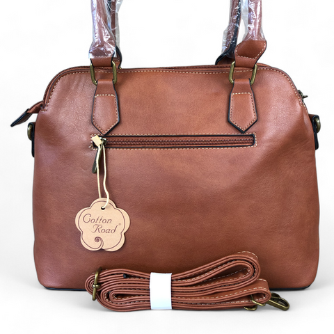 Cotton Road Handbag: TAN PU Leather Handbag with LEOPARD PRINT Panel