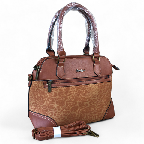 Cotton Road Handbag: TAN PU Leather Handbag with LEOPARD PRINT Panel