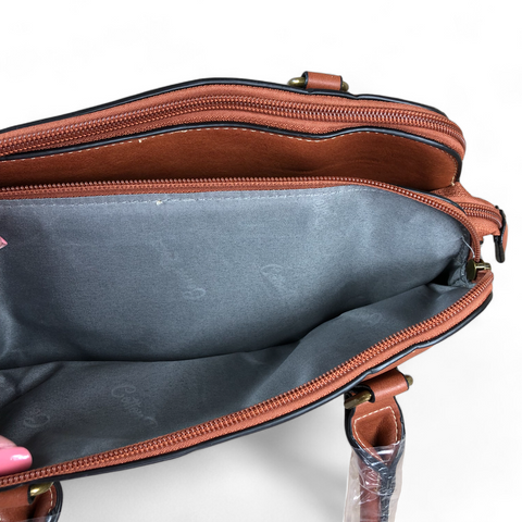 Cotton Road Handbag: TAN PU Leather Handbag with LEOPARD PRINT Panel