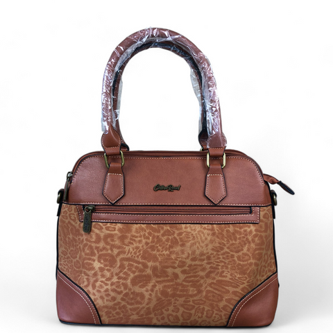 Cotton Road Handbag: TAN PU Leather Handbag with LEOPARD PRINT Panel