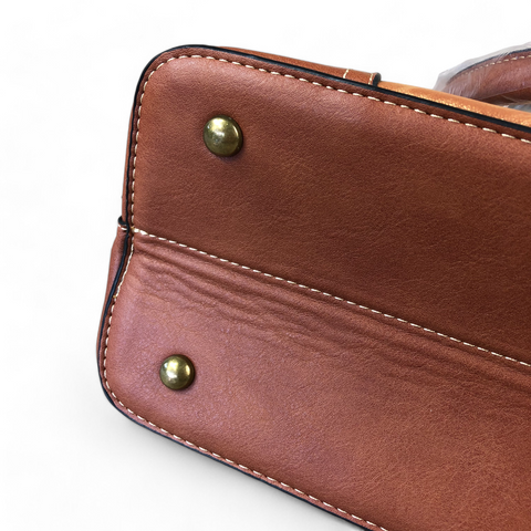 Cotton Road Handbag: TAN PU Leather Handbag with LEOPARD PRINT Panel