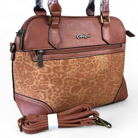 Cotton Road Handbag: TAN PU Leather Handbag with LEOPARD PRINT Panel