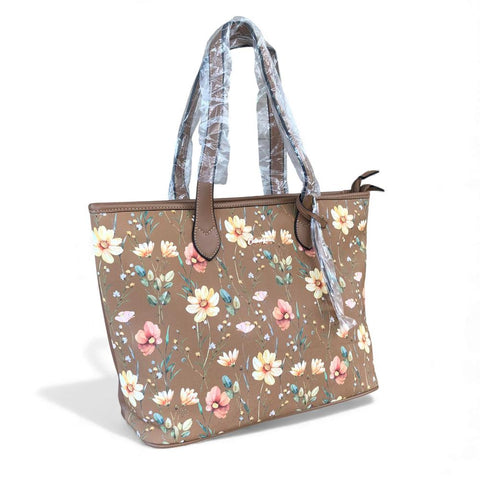 Cotton Road KHAKI PU LEATHER Handbag with FLORAL Panel