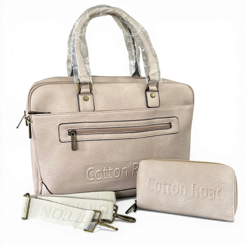 Cotton Road Laptop Bag: BEIGE BRANDED PU Leather with Matching Wallet