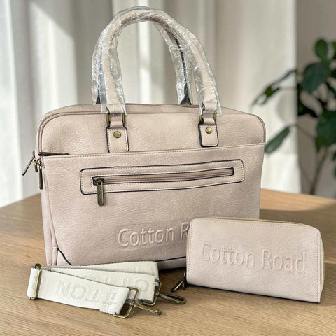 Cotton Road Laptop Bag: BEIGE BRANDED PU Leather with Matching Wallet