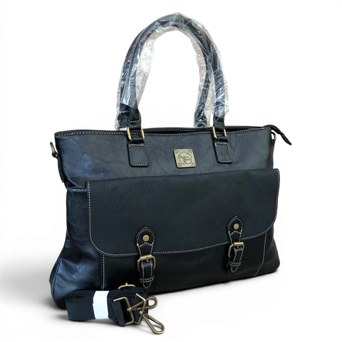 Cotton Road Laptop Bag: BLACK PU Leather Lace Print Design