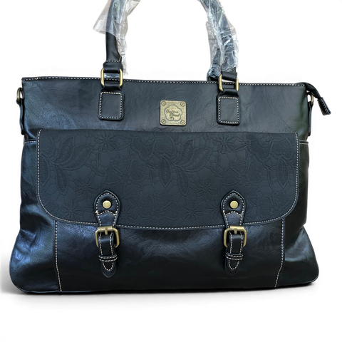 Cotton Road Laptop Bag: BLACK PU Leather Lace Print Design