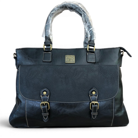 Cotton Road Laptop Bag: BLACK PU Leather Lace Print Design