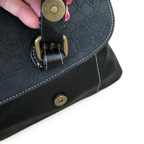 Cotton Road Laptop Bag: BLACK PU Leather Lace Print Design