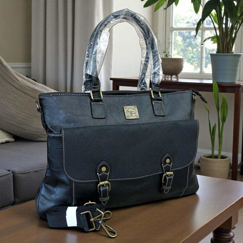 Cotton Road Laptop Bag: BLACK PU Leather Lace Print Design