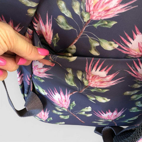 Cotton Road Laptop Bag: BLUE FLORAL Canvas Backpack with PROTEAS