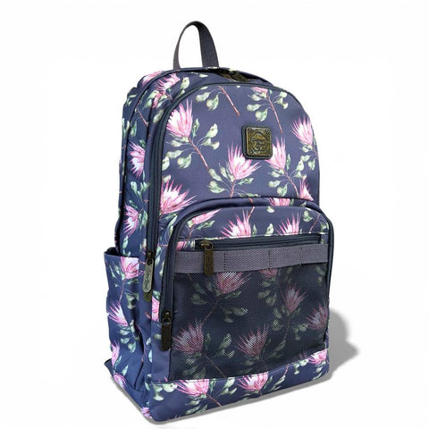 Cotton Road Laptop Bag: BLUE FLORAL Canvas Backpack with PROTEAS