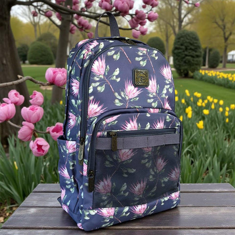 Cotton Road Laptop Bag: BLUE FLORAL Canvas Backpack with PROTEAS