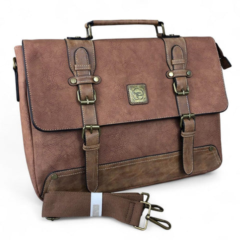 Cotton Road Laptop Bag: BROWN PU Leather 15'6 Laptop Bag with BUCKLE detailing