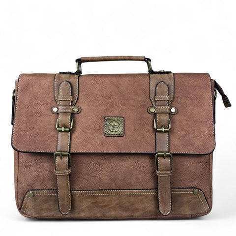 Cotton Road Laptop Bag: BROWN PU Leather 15'6 Laptop Bag with BUCKLE detailing