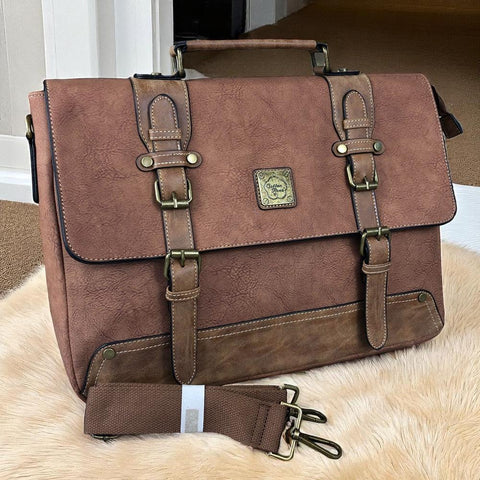 Cotton Road Laptop Bag: BROWN PU Leather 15'6 Laptop Bag with BUCKLE detailing