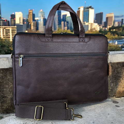 Cotton Road Laptop Bag: BROWN PU Leather 15'6 Padded Bag / Carry Sleeve