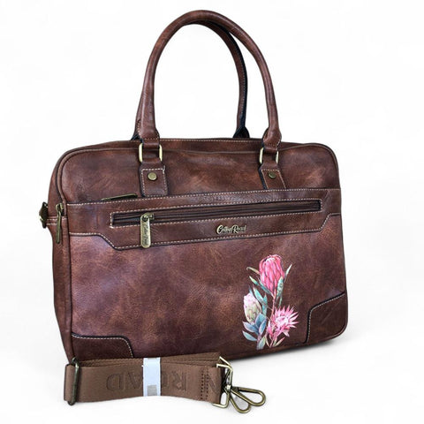 Cotton Road Laptop Bag: BROWN PU Leather Bag with PROTEAS